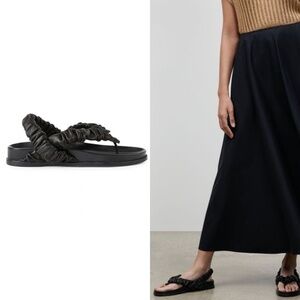 Lafayette 148 Helene Ruched Leather Slingback Thong Sandals In Black Size 7